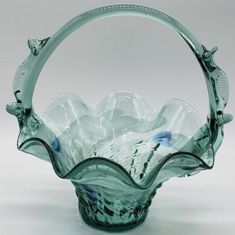 Teal White Blue Vintage Art Glass Ruffled Waffle Fruit Basket with Handle - Picture 9 of 15